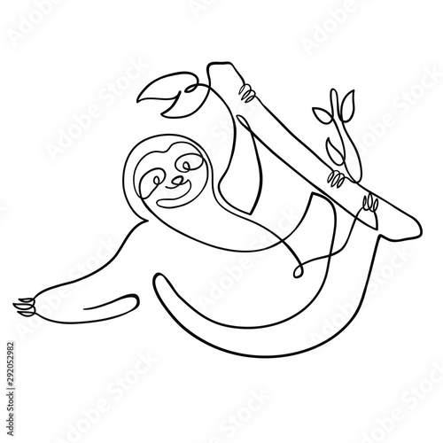 One line drawing cute sloth hanging on the tree. Modern continuous line art abstract animal, minimalist contour. Great for t-shirt print, tote bag, sticker, poster, card, logo, wall art