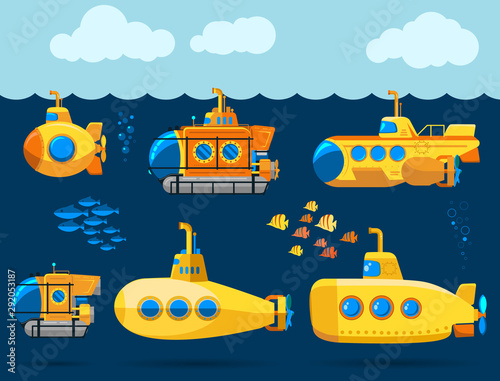 Bathyscaphe cartoon, Yellow Submarine sea research transport. Vector photo