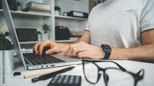 Fototapeta Naklejka Na Ścianę i Meble -  Casually dressed business man working at home using laptop