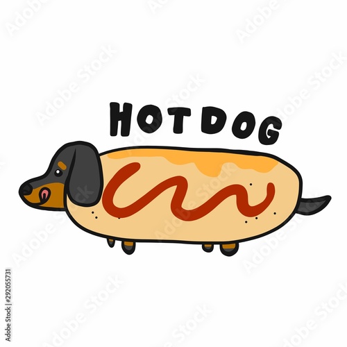 Dachshund dog in hotdog cartoon logo vector illustration doodle style