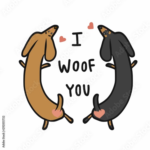 Dachshund dog couple, I woof you cartoon vector illustration doodle style
