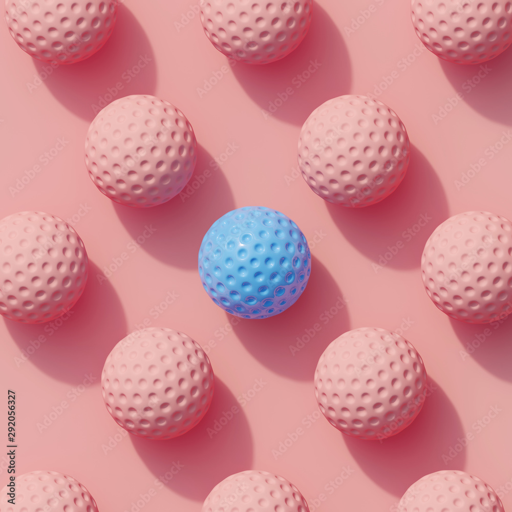 Blue golf ball color white many white golf ball on pink background color. minimal sport idea. 3D render. Blue golf ball color white many white golf ball on pink background color. minimal sport idea. 3D render.