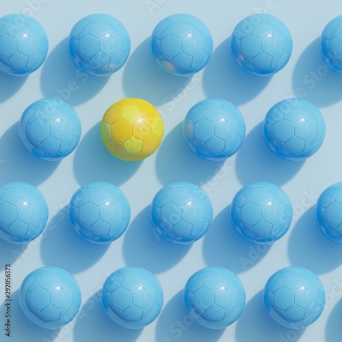 Outstanding yellow football among white football on blue background top view. minimal sport idea. 3D Render.