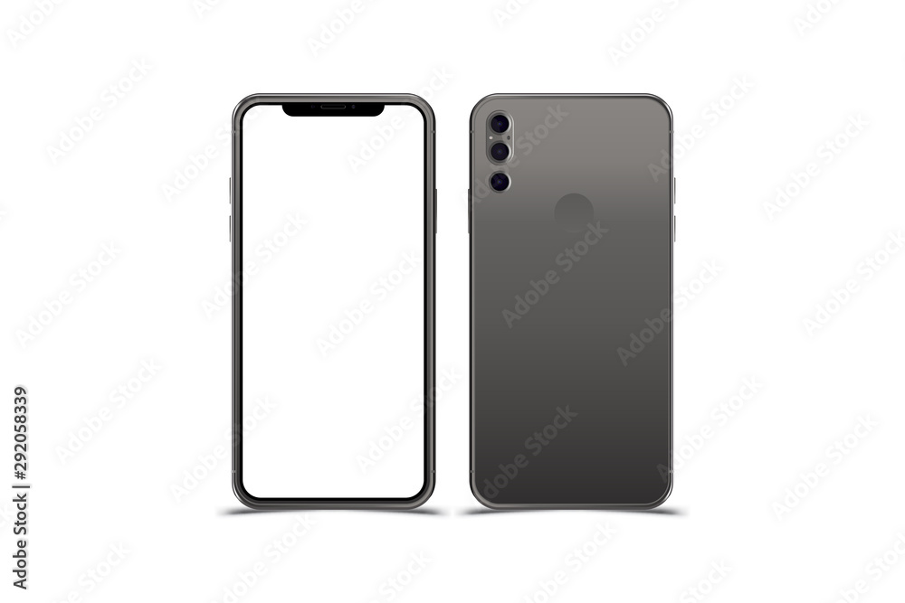 Set Mock-up of realistic Smartphones. Two modern telephones. Front side with screen and back side with cameras isolated on white background with shadow. Flat vector illustration EPS 10. Set Mock-up of realistic Smartphones. Two modern telephones. Front side with screen and back side with cameras isolated on white background with shadow. Flat vector illustration EPS 10.