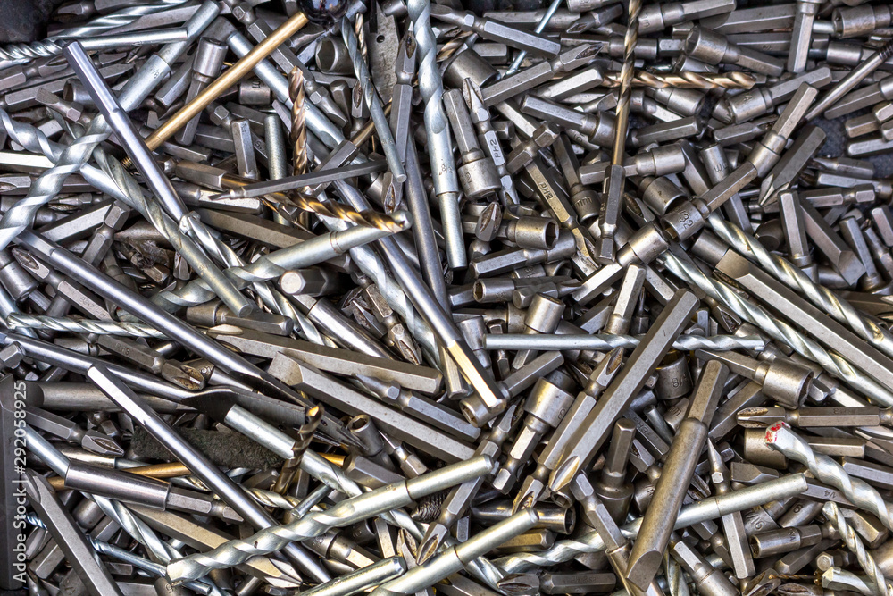 A background of a variety of drill bits. A background of a variety of drill bits.