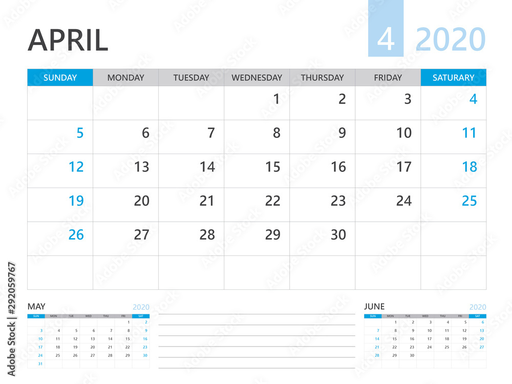 Calendar 2020 template, APRIL 2020 year, corporate design planner template. blue color - obrazy, fototapety, plakaty 