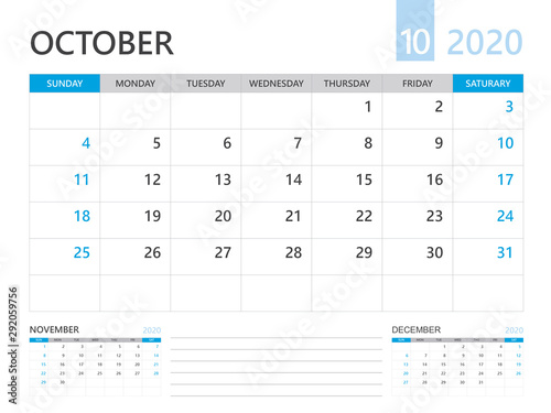 Calendar 2020 template, OCTOBER 2020 year, desk calendar 2020 layout, corporate design planner template. blue color