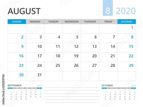 Calendar 2020 template, AUGUST 2020 year, desk calendar 2020 layout, corporate design planner template. blue color