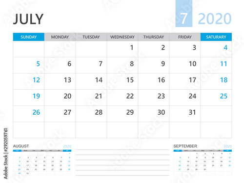 Calendar 2020 template, JULY 2020 year, desk calendar 2020 layout, corporate design planner template. blue color