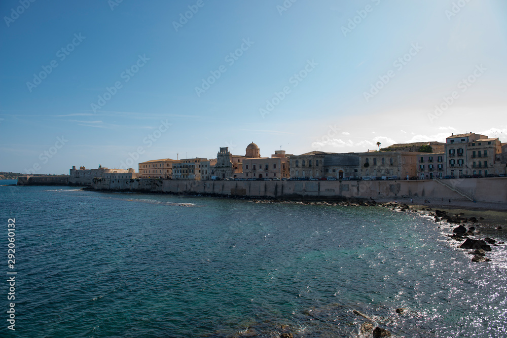 The sea wall protecting the island of Ortygia at Syracuse on the Italian island of Siciy