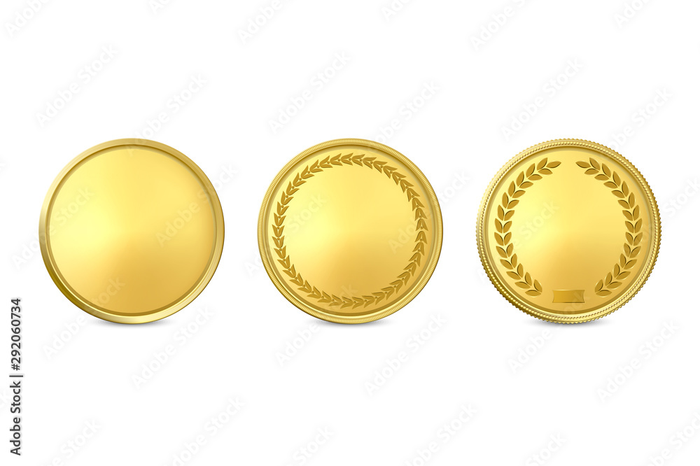 Vector 3d Realistic Golden Metal Blank Coin Icon Set Closeup Isolated on White Background. Design Template, Clipart of Gold Money, Medal, Currensy for Mockup. Financial, Business Concept. Front View Vector 3d Realistic Golden Metal Blank Coin Icon Set Closeup Isolated on White Background. Design Template, Clipart of Gold Money, Medal, Currensy for Mockup. Financial, Business Concept. Front View