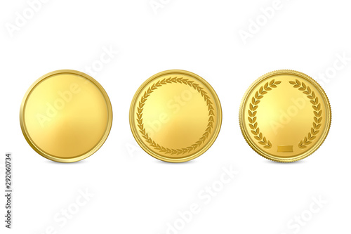 Vector 3d Realistic Golden Metal Blank Coin Icon Set Closeup Isolated on White Background. Design Template, Clipart of Gold Money, Medal, Currensy for Mockup. Financial, Business Concept. Front View