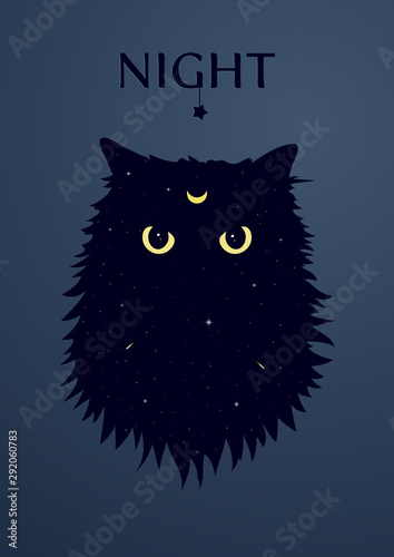 Cat with the crescent moon symbol on forehead. Angry cat silhouette with yellow eyes on the space background with stars and comets. Front view cat face. Vector Illustration.