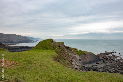 View of the dramatic rocky coastline of North Devon, Uk near Hartland Quay