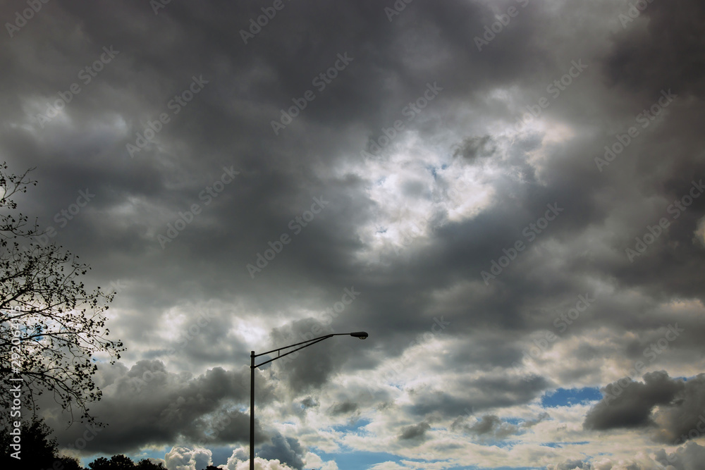 Majestic thunderstorm clouds above a grove of trees with road in dramatic stormy clouds Majestic thunderstorm clouds above a grove of trees with road in dramatic stormy clouds