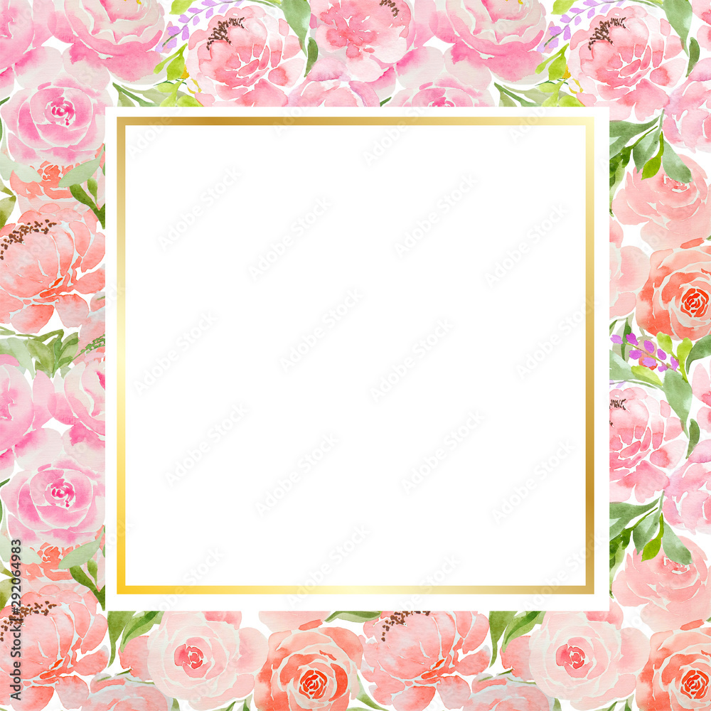 A beautiful square blank for a card with careless watercolor pink peonies and roses and a white background. For a wedding, a birthday. Delicate pastel colors for design.