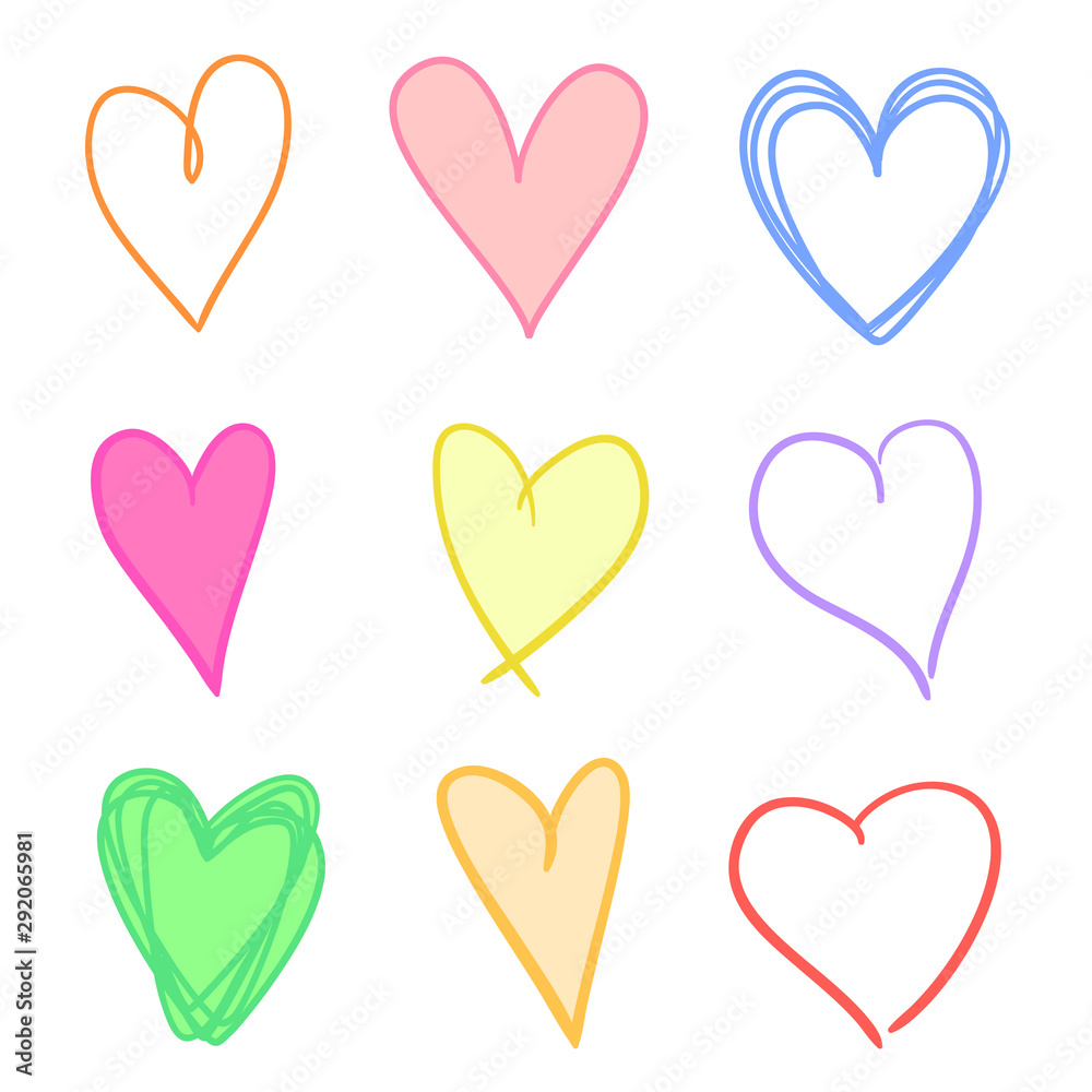Colorful hearts on isolated white background. Hand drawn signs. Unique abstract image for design. Colored illustration. Elements for poster or flyer Colorful hearts on isolated white background. Hand drawn signs. Unique abstract image for design. Colored illustration. Elements for poster or flyer