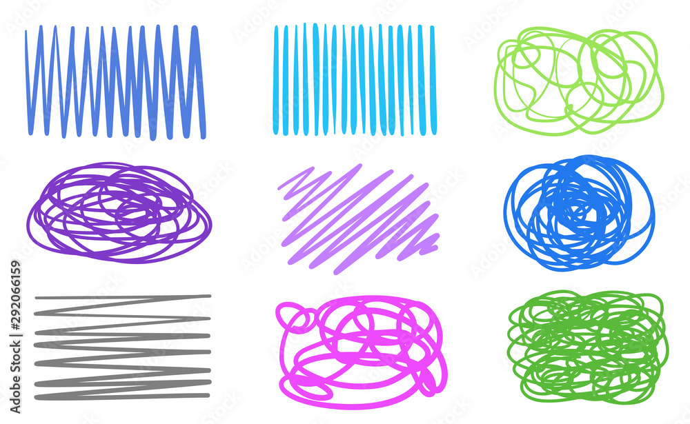 Abstract backgrounds with array of lines. Chaotic textures on white. Wavy samples. Hand drawn tangled patterns. Colorful illustration. Sketchy hatching elements for design