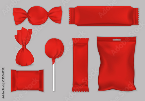 Chocolate and candy packaging red mockup set, vector isolated illustration