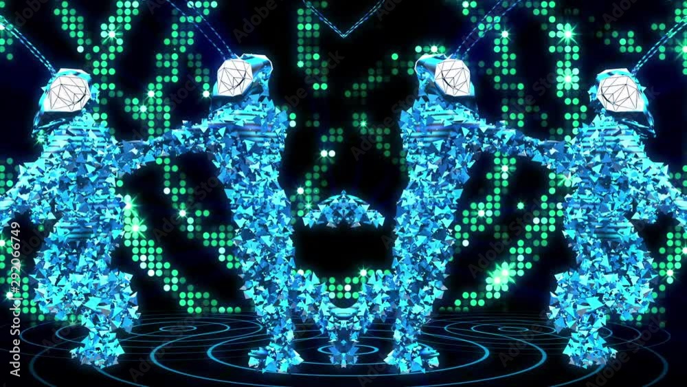 looping dancers wearing mantis helmet dancing inside LED lights and moving across the screen, colorful and vivid for dj and vj