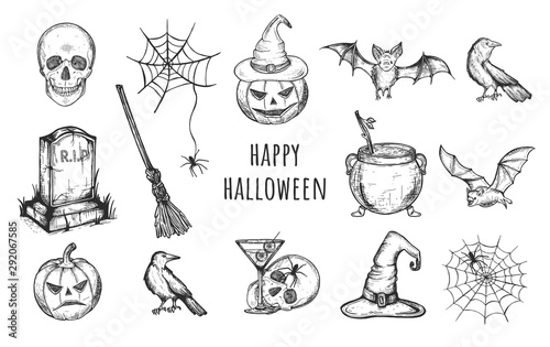 Halloween set. skull, gravestone, pumpkin, hat, cauldron with potion, bats, crows. Vector graphics. Sketch.eps