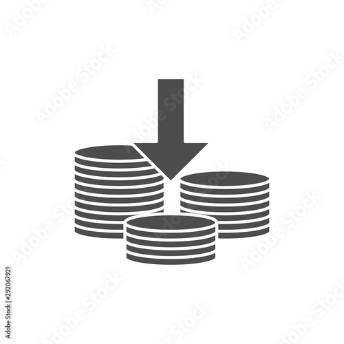 Decreasing Coin Stacks. Glyph icon. Isolated on white background. 