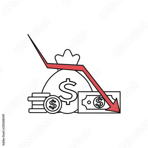 Bagful with coins, surrounded by coin stack and us dollar bill. and down red arrow.