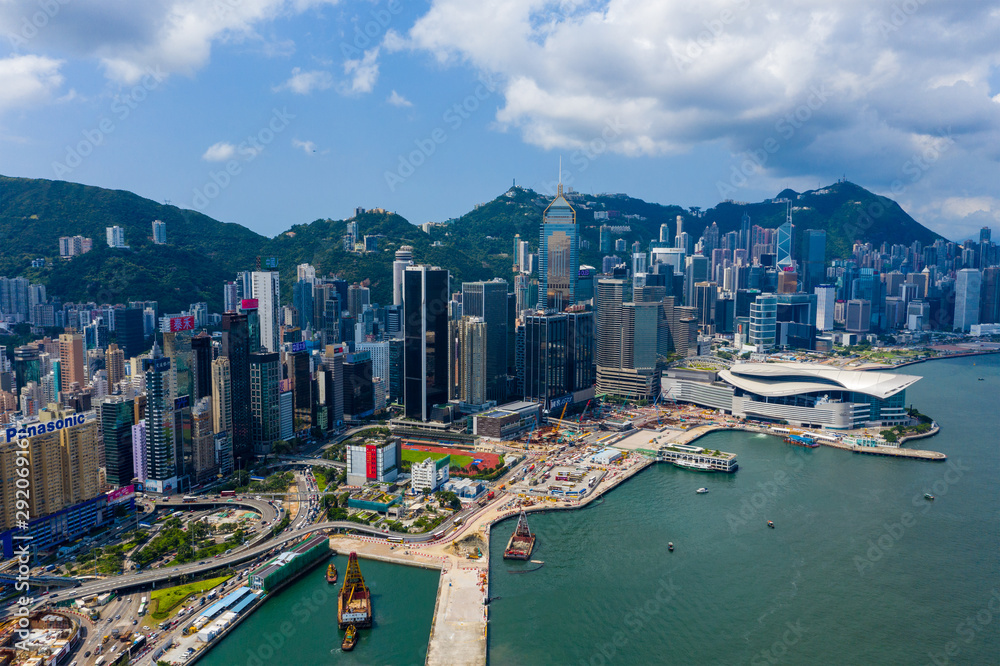 Drone fly over Hong Kong city