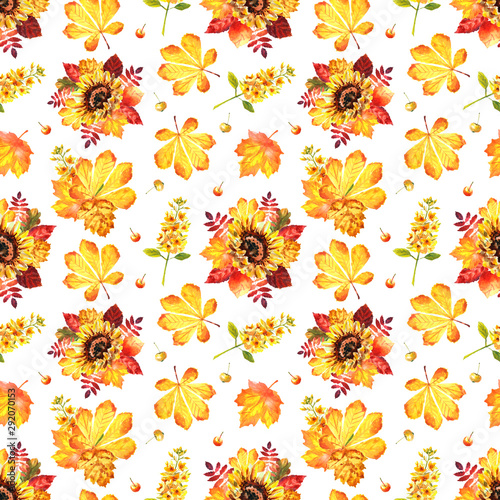 Watercolor autumn seamless pattern with leaves and sunflower isolated on a white background