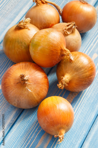 Fresh onions lying on boards, healthy nutrition concept