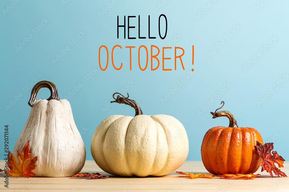 Hello October message with pumpkins on a blue background - obrazy, fototapety, plakaty 
