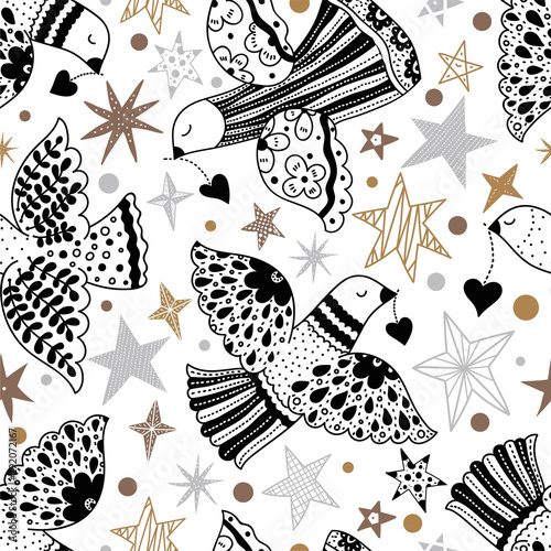 Doves and stars.  Christmas motif. Vector seamless pattern. Can be used in textile industry, paper, background, scrapbooking.