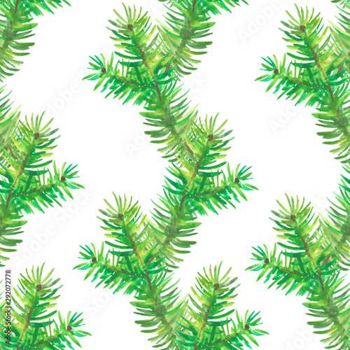 Seamless Christmas pattern fir branches on white background. Winter, New year, December, watercolor.
