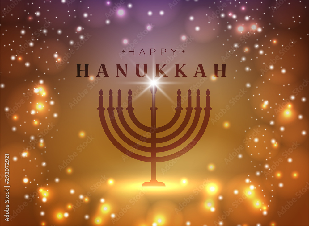 Fototapeta premium Vector illustration. Happy Hanukkah typography vector design for greeting cards and poster design template celebration. . Beautiful Hanukkah background, blurred festive lights.