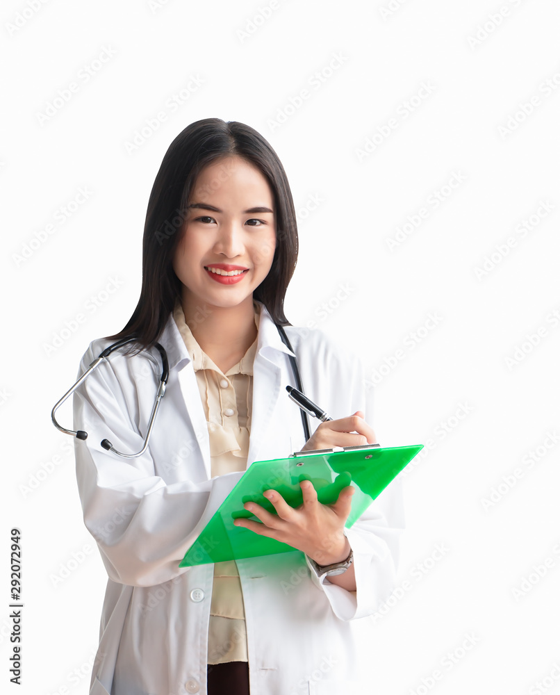 Portrait of attractive young female doctor with stethoscope smiling and writing medical record on clipboard, standing in office. Prescribe remedy, medicine and health care concept. Portrait of attractive young female doctor with stethoscope smiling and writing medical record on clipboard, standing in office. Prescribe remedy, medicine and health care concept.