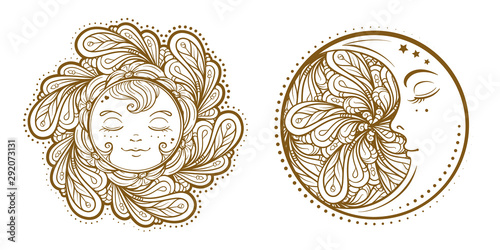 Ethnic sun and moon symbols. Temporary tattoo set. Fototapet