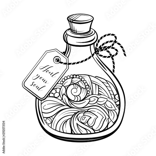 Bottle with magic calming potion. Black and white vector graphic. Antistress coloring page.