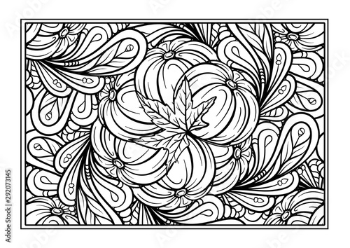 Black and white autumn ornament. Pumpkins and autumn leaves coloring page