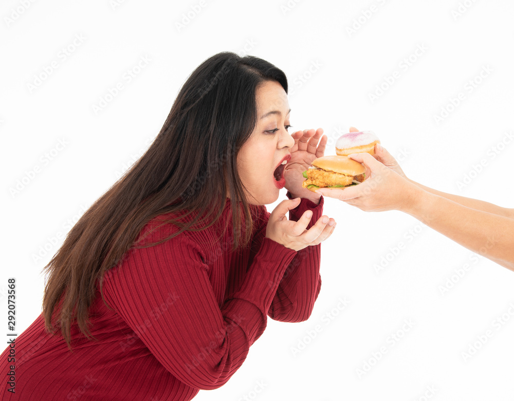 A young fat woman dressed in red color was eating a hamburger and donut that was handed out. She is hungry and is her favorite food. Healthy concept. Isolated on a white background. A young fat woman dressed in red color was eating a hamburger and donut that was handed out. She is hungry and is her favorite food. Healthy concept. Isolated on a white background.