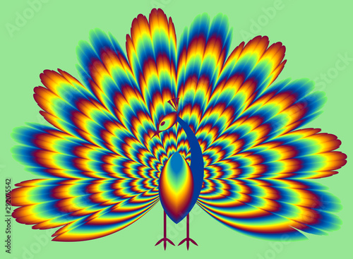 Peacock with pulsing fiery tail. Optical illusion of movement.