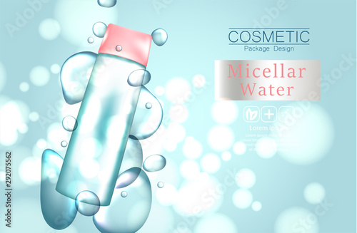 Micellar water for makeup cleaning 3d realistic vector advertising banner, poster. Cosmetic product bottle. Package design.