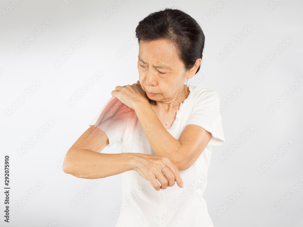 old asian woman feel shoulder muscle injury old asian woman feel shoulder muscle injury