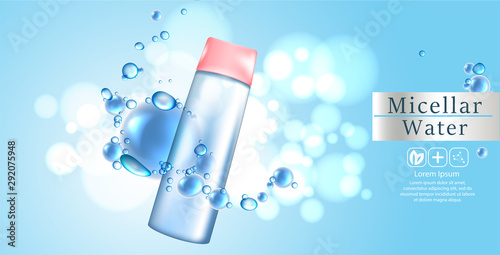 Micellar water for makeup cleaning 3d realistic vector advertising banner, poster. Cosmetic product bottle. Package design.