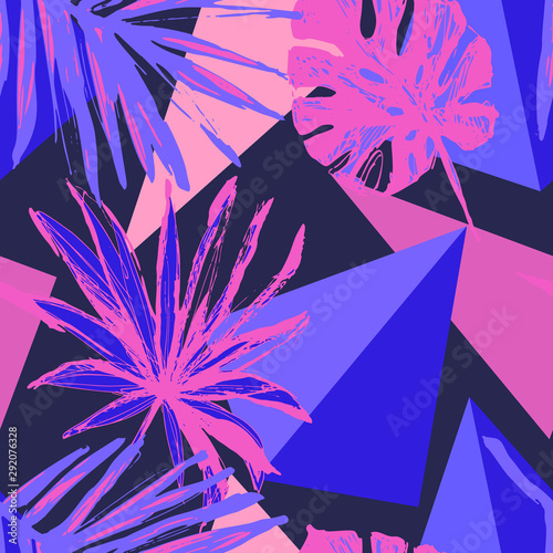 Funky floral geometric seamless pattern in trendy memphis style, the 80s, 90s neon colors