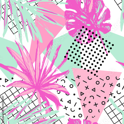 Funky floral geometric seamless pattern in trendy memphis style, the 80s, 90s neon colors