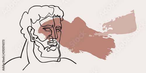 Modern continuous line art of ancient greek god statue with geometric shapes, palm leaf