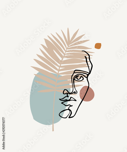 Modern continuous line art of ancient greek goddess statue with geometric shapes, palm leaf