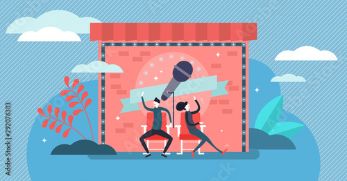 Comedy vector illustration. Flat tiny funny humor stand up persons concept.