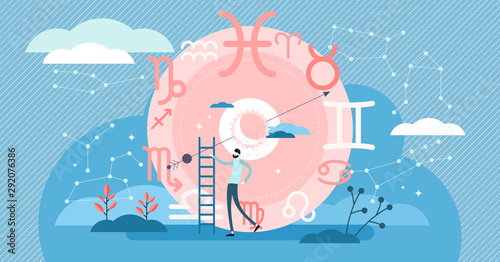 Zodiac vector illustration. Flat tiny astrology star symbols person concept