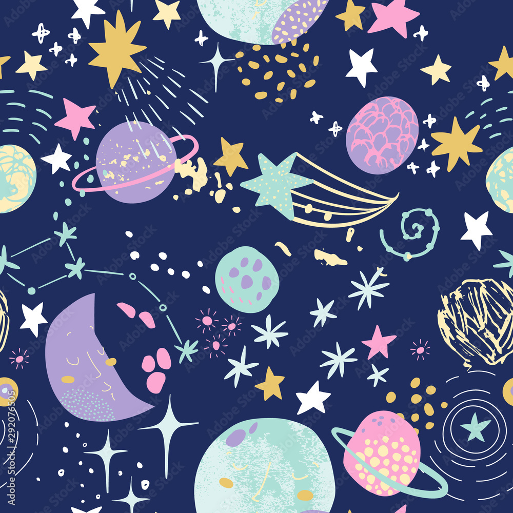 Cartoon cosmic background: cute planets, moon, shooting stars, galaxy, milky way.